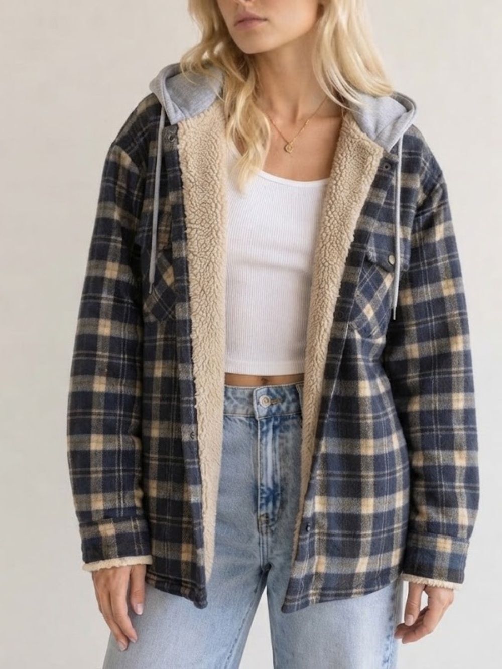 Blue, Tan, Gray Plaid Sherpa-Lined Shirt Jacket L Shacket Hooded Casual Cottage
